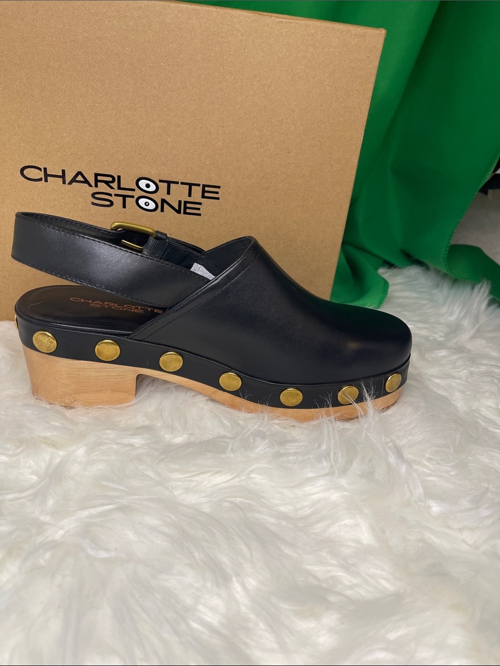 Charlotte Stone Jona Black Leather Studded Slingback Platform Clogs-w/box & tote - Picture 4 of 14